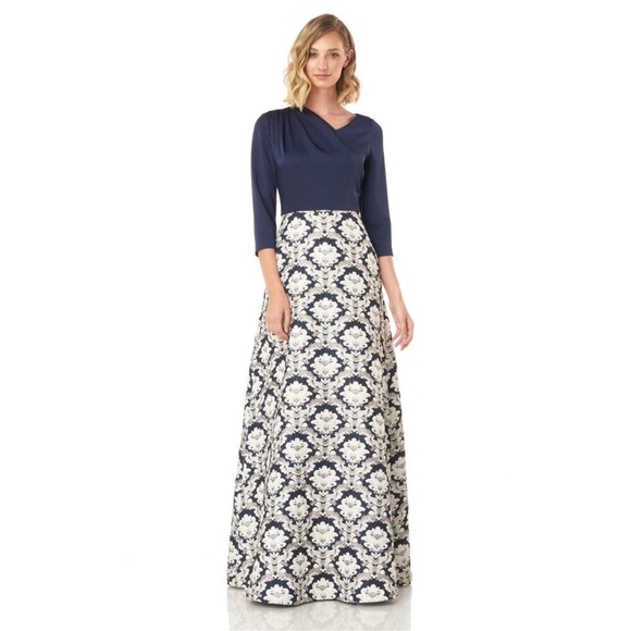 KAY UNGER Izabella 3/4 Sleeve Navy Blue and Gold Jacquard Floor Length Gown W 4